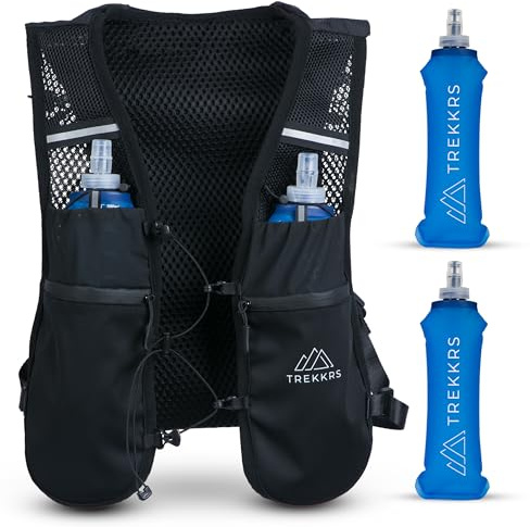 Trekkrs Running Vest with Water Bottles - Small to Medium | 5L Capacity Backpack | Waterproof Front Pockets | Women & Men's Lightweight Running Hydration Vest | Adjustable Straps & Walking Pole Holder