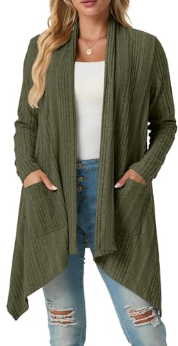 GRECERELLE Womens Cardigans Ribbed Knit Long Sleeve Lightweight Fall Winter | Casual Shawl Collar Irregular Hem Cardigan for Ladies with Pockets