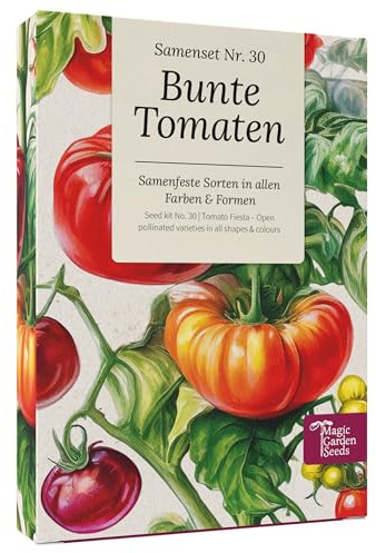 Magic Garden Seeds - Scatola di semi di pomodori colorati con 9 varietà - Pomodori da cocktail, carne e insalata in giallo, rosso, viola - Set di pomodori per giardino, vaso e aiuola rialzata