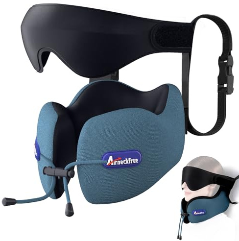 Air Neck Free Coussin de Voyage Avion avec Masque de Sommeil 3D | Avec Sangle de Siège, Support Tête et Cou, Mousse à Mémoire de Forme Confortable pour Avion, Voiture et Train, Bleu Lac