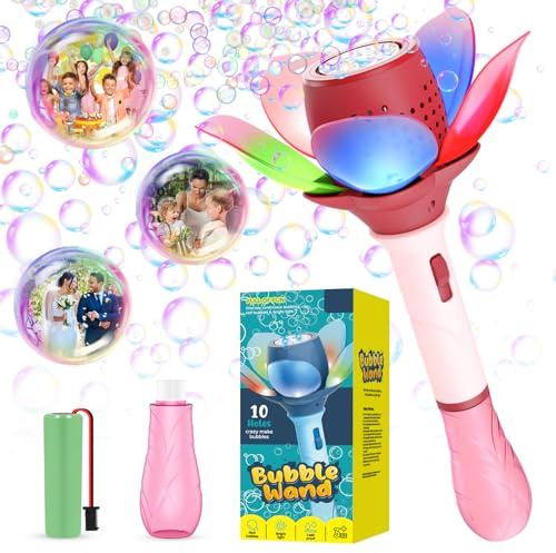 BUBOJOY Baguette à Bulles Fleur Électrique pour Enfants, Machine à Bulles Automatique avec Lumières/Piles/120ml Solution,10000+ Bulles/Min Jouet à Bulles Portable pour Fêtes en Plein air Mariages-Rose