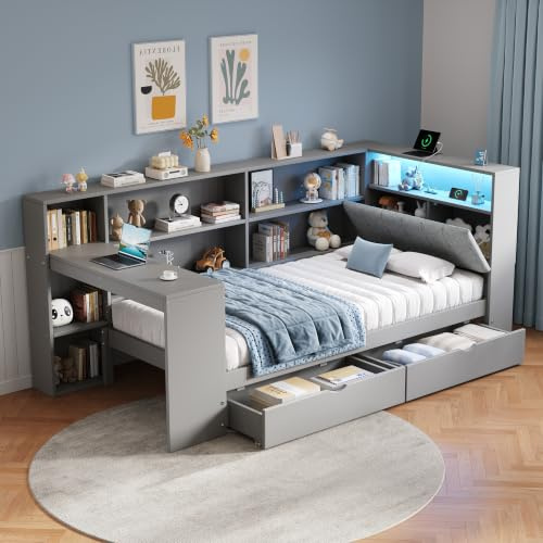 Xfholl 3ft Single L-Shape Daybed with Storage Drawers and Bookcase Storage, Concealed Headboard Storage with Charging Station and LED Lighting, Linen, Grey, 90 x 190 cm (No Mattress)