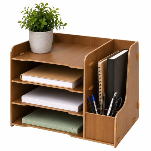 Relaxdays brevhållare, DIN A4, 4 fack, stående brevlåda, pennställ, brun | HxBxD: 23 x 31,5 x 29 cm, MDF, förvaringsfack