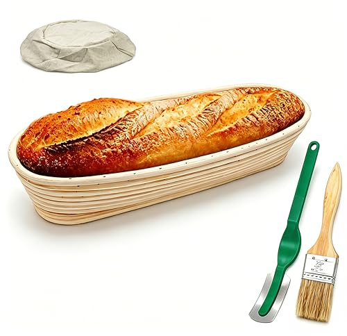 YOCZOX 14” Oval Banneton Proving Basket, Bread Proofing Basket Sourdough Proofing Proving Sourdough Starter Kit Bread Making Accessories (35cm, Cloth Liner, Bread Lame, Brush)
