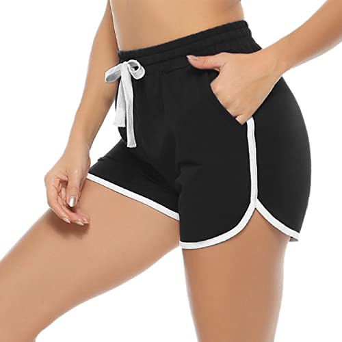 Aseniza Pantalones Cortos Deporte Mujer de Algodón Pantalon Corto Verano para Mujer con Bolsillos para Correr Jogging Running (2-Negro，M