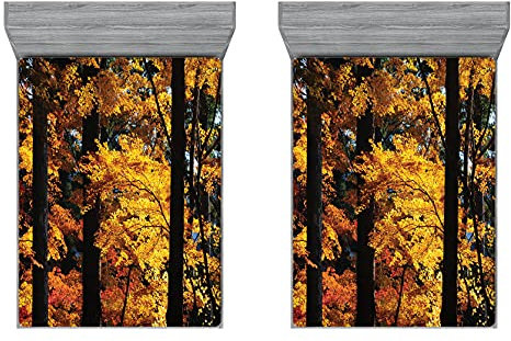 ABAKUHAUS Baum 2er-Satz Spannbetttuch, Fall Ruhige Land, Soft Dekorativer Stoff Bettwäsche Rund-um Elastischer Gummizug, 135 cm x 190 cm, Dunkelbraun Orange Gelb