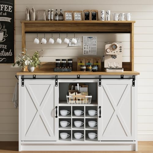 4ever2buy Farmhouse Coffee Bar Cabinet with Storage, 47'' Buffet Cabinet with Hutch and Sliding Barn Door, Coffee Bar with 9 Wine Racks and 6 Hooks for Dining Room, Living Room, White