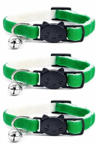 Velvet Cat Collars with Bell. Safe Breakaway Quick Release Buckle. Available in Cat & Kitten Size (Pack of 3) (Cat Collar (20cm - 30cm), Green Velvet (Pack of 3))