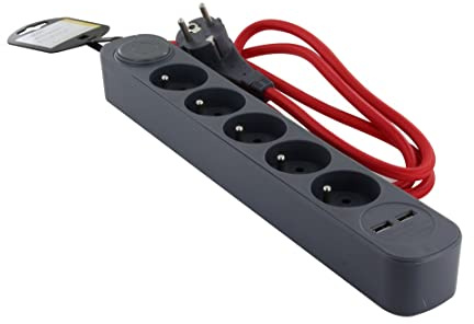 Steckdosenleiste grau und Textilkabel rot mit 2 USB – 1,5 m