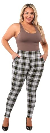 ShoSho Womens Plus Size High Waist Skinny Pants Pull-On Office Trousers with Zipper Pocket Detail Plaid Print Black/White/Mustard 3X