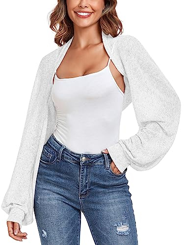ZAFUL Women's Long Sleeve Open Front Bolero Shrug Crop Top Cardigan Elegant White L