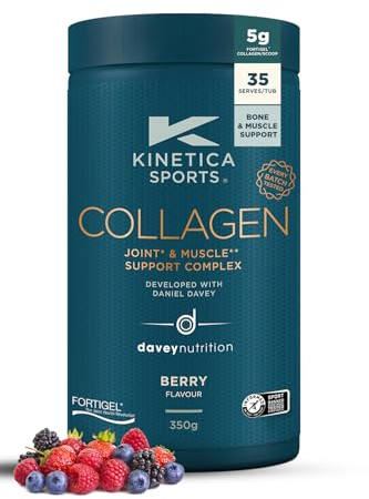 Kinetica Sports Collagen Powder - Berry Flavour | 350g | 5g FORTIGEL Bovine Collagen/Serve, 320mg Vitamin C, 5μg Vitamin D, 100mg Hyaluronic Acid & 500mg Glucosamine Sulphate | Joint & Muscle Support