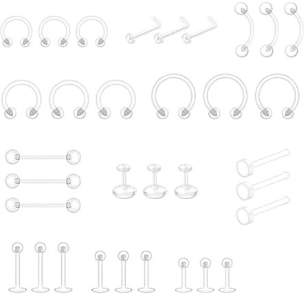 JOYVOX 33pcs Piercing Retainers: Clear Nose Studs, Ear Earrings & Piercing Retainers for School