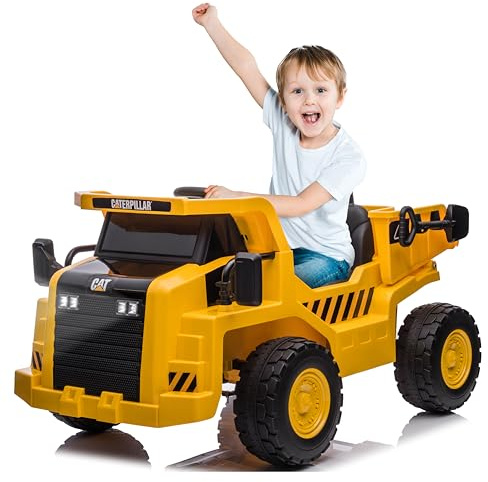 Voiture électrique pour Enfants De Camion À Benne 3 à 6 Ans, Bruit de Moteur, klaxon, Marche arrière et Marche Avant (Jaune)