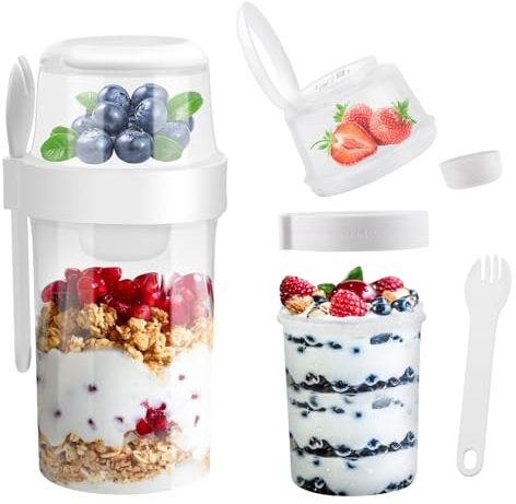 KEWUZY MüSlibecher To Go 760 ml + 230 ml, tazza per yogurt con cucchiaio da viaggio, pratico bicchiere per yogurt e cereali per bambini, ciotola per la colazione, contenitore per cereali, yogurt