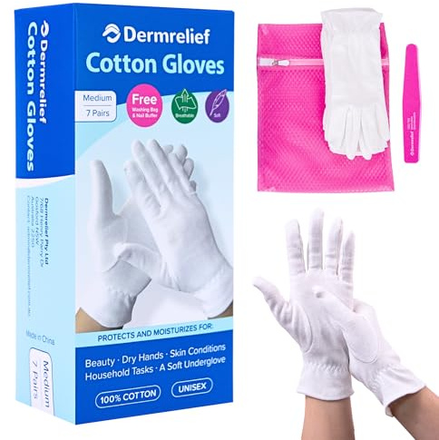 Dermrelief Cotton Gloves - for Beauty, Dry Hands, Eczema, Dermatitis and Psoriasis (7 Pairs) with Free Gifts (Professional Nail Buffer & Washing Bag) (Large)