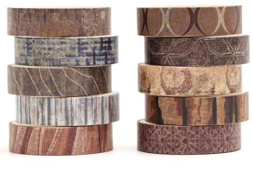 Songdao 10 rouleaux Washi Tape Set, Texture Ruban Vintage Adhésif Décoratif Œuvre d’art inspirée Feuille d’or Masking Tapes pour Arts, Bullet Journal, Scrapbooking, Bricolage, Emballage (style four)