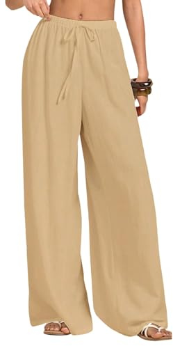 Neteson Pantalon Fluide Femme Chic Elegant Léger Pantalon Lin Décontracté | Pantalon Palazzo Jambes Large avec Poches