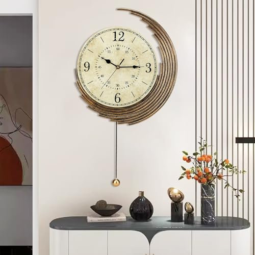 Gilacco Decorative Wall Clocks with Pendulum,Silent Quality Quartz Movement Battery Operated,Vintage Wall Clock for Living Room Kitchen Home Bathroom Bedroom Wall Decor,13x22Inch,Retro Golden