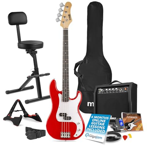 Max GigKit Beginner Electric Bass Guitar Full Bundle - Red, 40W Amplifier, Folding Musician Stool, Lessons & Complete Accessories Starter Pack