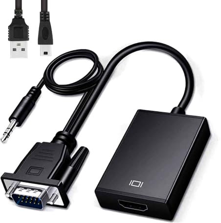Riybyds VGA zu HDMI Adapter 25cm mit Audio-Unterstützung, 1080P Hochauflösender Unidirektionaler Konverter für Computer, Laptop zu Fernseher, Monitor - Inklusive Audio-Kabel und Netzteil
