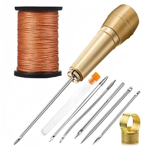 CQXSYTBN Kit Complet de Couture du Cuir - 5 Aiguilles à Toile, Manche en cuivre, 50 m de Fil Nylon et dé à Coudre - idéal pour la réparation des Chaussures et du Cuir