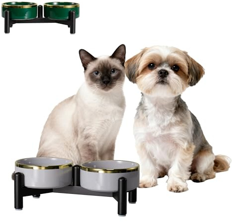Comedero Perro Elevado de Cerámica Doble - Set de Comederos y Bebederos con Soporte de Acero Inoxidable - Cuencos para Gatos y Perros Pequeños - 160g / 300ml - Altura 10 cm - Gris