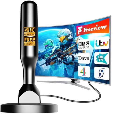 Indoor TV Aerial for Freeview – Long Range 360° Digital TV Aerial with Magnetic Base, Strong VHF/UHF Reception, Supports 4K/1080P HD for Smart & Older TVs, Easy Setup, 5m Coax Cable
