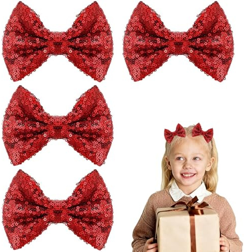 4PCS Christmas Sequins Glitter Red Bows for Hairs, Christmas Hair Accessories for Girls, Red Hair Bow Hair Clip for Girls Kids Teens Valentines Gift Party Dress
