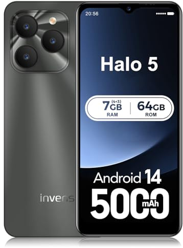 invens Halo 5 Mobile Phones SIM Free Unlocked Android 14 Smartphone with 6.52''HD+ Display, 5000mAh Battery,7GB+64GB/256GB,8MP+16MP Camera, 4G Dual Sim/Fingerprint/Face ID/GPS (Gray)