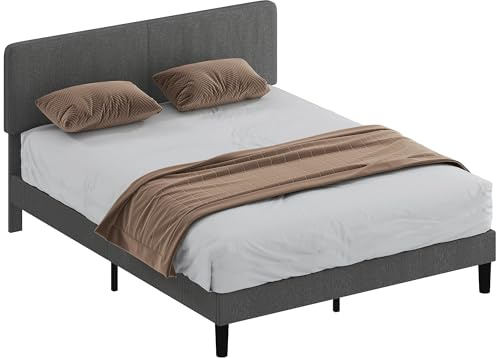 HOMCOM Somier 160x200 cm Cabecero Ajustable Gris Oscuro Estructura de Cama | Tapizado en Pana, Láminas de Madera, Fácil de Montar