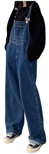 Salopette en jean longue décontractée pour femme - Salopette baggy - Coupe droite - Jambes larges - Salopette de travail confortable - Bretelles réglables - Jeans - Combinaison Dungarees, bleu, XL
