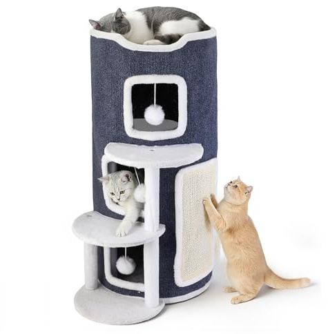 Maison pour chat à 4 étages avec griffoir et plateforme arbre à chat, 3 grottes + plateforme panoramique avec 2 plateformes de transition, tonneau pour chat avec balle de jeu