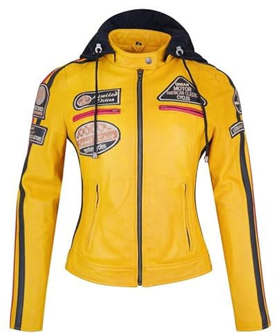 URBAN 5884 Blouson Moto Femme Avec Protections 58 Ladies, Veste En Cuir D’agneau, Protections Amovibles Pour Le Dos, Les Épaules Et Les Coudes, Jaune, M
