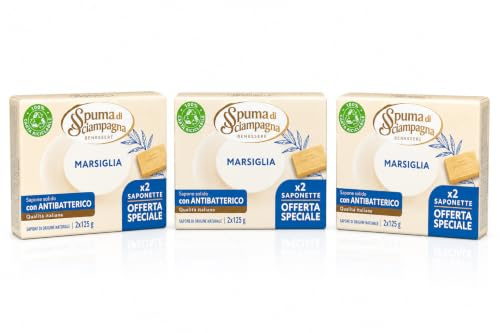 Sapone Solido Marsiglia Antibatterico – Sapone di Origine Naturale, Detergente per Mani e Corpo, Qualità Italiana, Formula Delicata per Igiene Quotidiana - 3 Unita da 2 Saponette