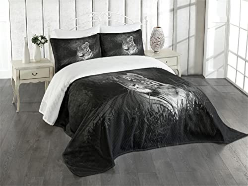 ABAKUHAUS Schwarz und weiß Tagesdecke Set, Bengalischer Tiger, Set mit Kissenbezügen farbfester Digitaldruck, für Doppelbetten 264 x 220 cm, Schwarz weiß