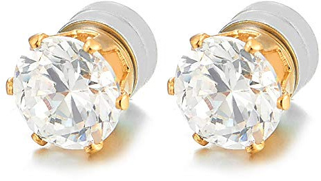COOLSTEELANDBEYOND Unisex Magnetic Cubic Zirconia Stud Earrings, 6mm Round Gold-Tone Non-Piercing CZ Studs, 1 Pair