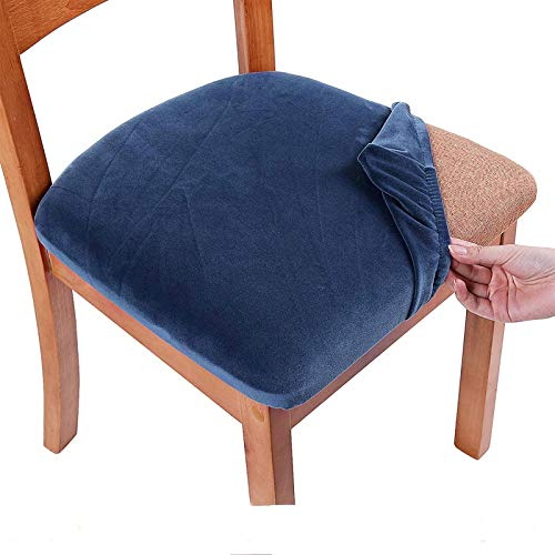 smiry Stretch Chair Seat Covers for Dining Room, Velvet Dining Chair Seat Protectors Chair Slipcovers, Set of 4, Navy Blue
