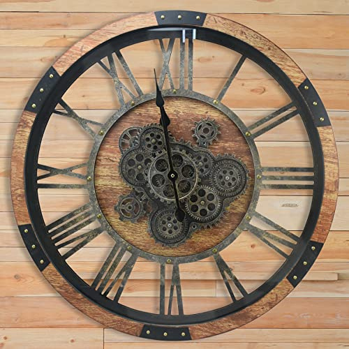 DORBOKER Real Moving Gears Wall Clock, Large Wall Clock for Living Room Kitchen (Brown Wood-vintage Bronze Gears, 68cm / 27inch)