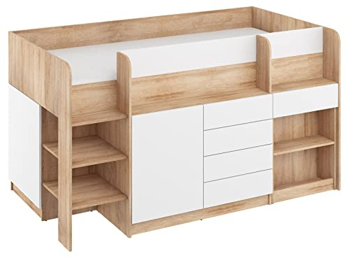 BIM Furniture Etagenbett Smile L Kindermöbel, Möbelset für EIN Kinderzimmer, EIN Bett mit Schreibtisch, Regalen, Schubladen: Linke Seite (Sonoma Eiche/Weiß)