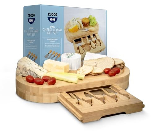 CUQOO Oval Bamboo Cheese Board Set – Charcuterie Board with 3 Stainless Steel Knives & Fork, Perfect for Serving Cheese, Meats & Fruits at Home, Gatherings & Any Occasions - Perfect Mother’s Day Gift