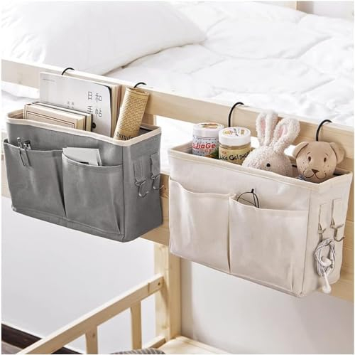 Bedside Storage Caddy – Hanging Organizer with Multiple Pockets by KOKSI – White Fabric Bedside Pocket for Magazines, Books, Remotes, Smartphones – Ideal for Sofa, Armrest, Bedroom