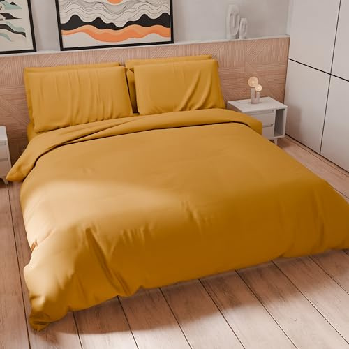 PETTI Artigiani Italiani - Enkeltäcke, Påslakan och örngott i Microfiber, Enfärgad Ocra, 100% tillverkad i Italien