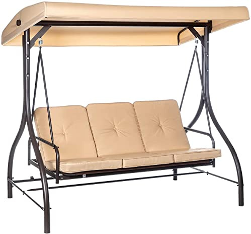 Hortan Dondolo Altalena XL 3 Posti Con Funzione Letto, Tetto Parasole Regolabile, Struttura In Acciaio E Tessuto Impermeabile, Per Arredo Giardino, Terrazzo e Balcone