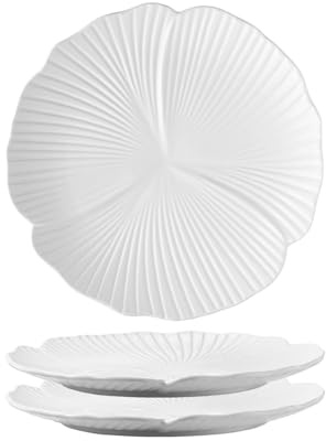 Jusalpha Set of 3-Japanese Style Flower Petal Shaped Porcelain Dinner Plates, Versatile Circular Serving Plates for Breakfast, Salad, Steak Dinner, PL019 (Flat plate, 10'', White)