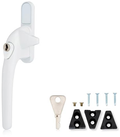 XFORT Locking Cockspur Window Handle Installation Kit in White, Left Hand UPVC Window Handle Replacement, Lockable Window Lever