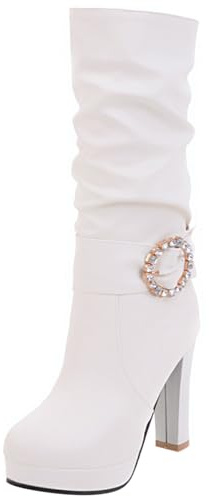 Joliss Donna Tacco a Blocco Stivali a Metà Polpaccio Moda con Cristalli Stivali Senza Chiusura Punta Rotonda Stivali Morbidi con Fibbia Bianco Numero 40.5 EU/42Cn