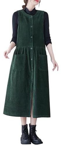 Robe débardeur décontractée en velours côtelé boutonnée sans manches pour femme - Robe ample mi-longue avec poches, Vert, M