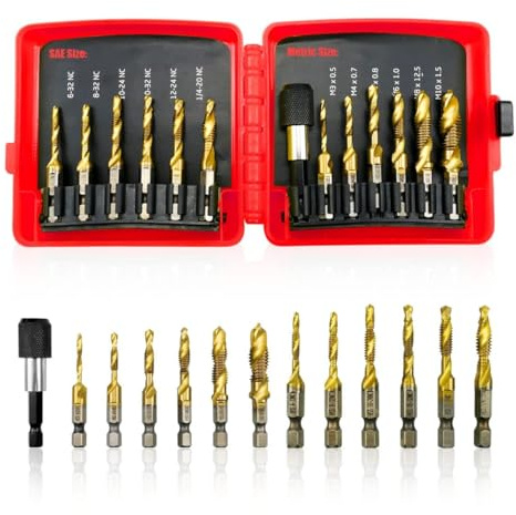 12PCS Titanium Drill Tap Combination Bit Set with Quick Change Adapter, 6PCS SAE (6-32NC to 1/4-20NC) /Metric (M3 to M10) Screw Taps, 3-in-1 Taps Tool for Drilling, Tapping and Countersinking