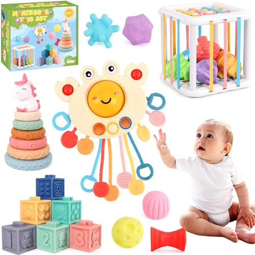 Perbabe Juguetes Montessori Bebes 6-12 Meses 1 2 3 Años, Juguetes Sensoriales Educativos Montessori 26 Piezas Juguetes de Apilar y Encajar, Cubo, Bloques Mordedor Bebe Regalos para Bebés